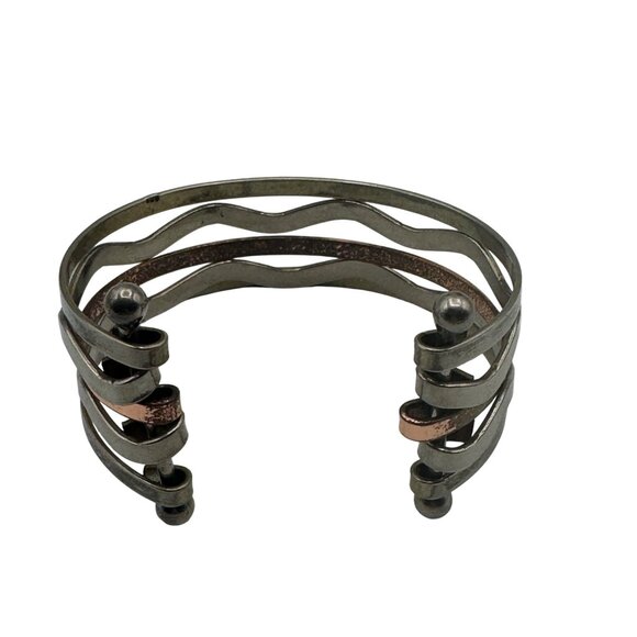 Silver Copper Cuff Bracelet Mixed Metal Open Band Wavy Design Adjustable - Picture 4 of 7